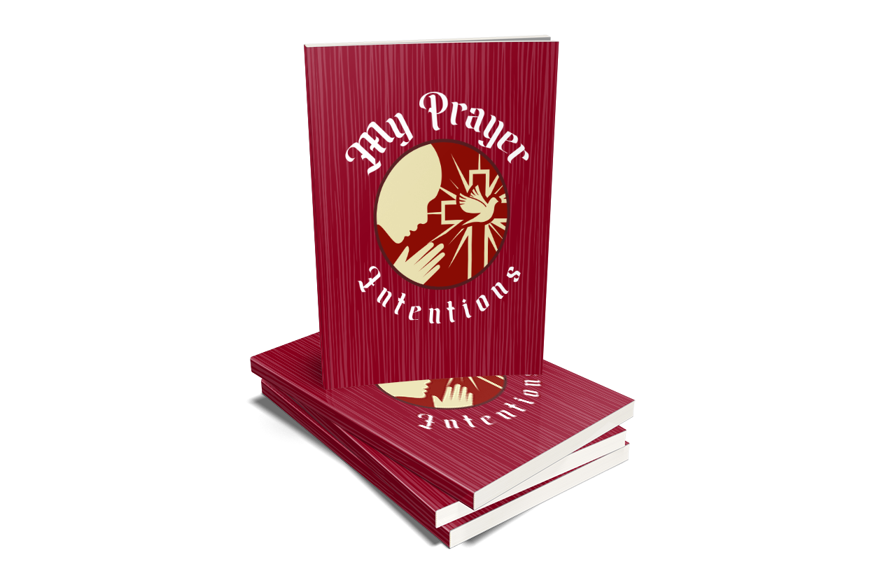 My Prayer Intentions — burgundy devotional book with gold calligraphy and an embossed praying-figure seal, shown in a stacked 3D presentation.